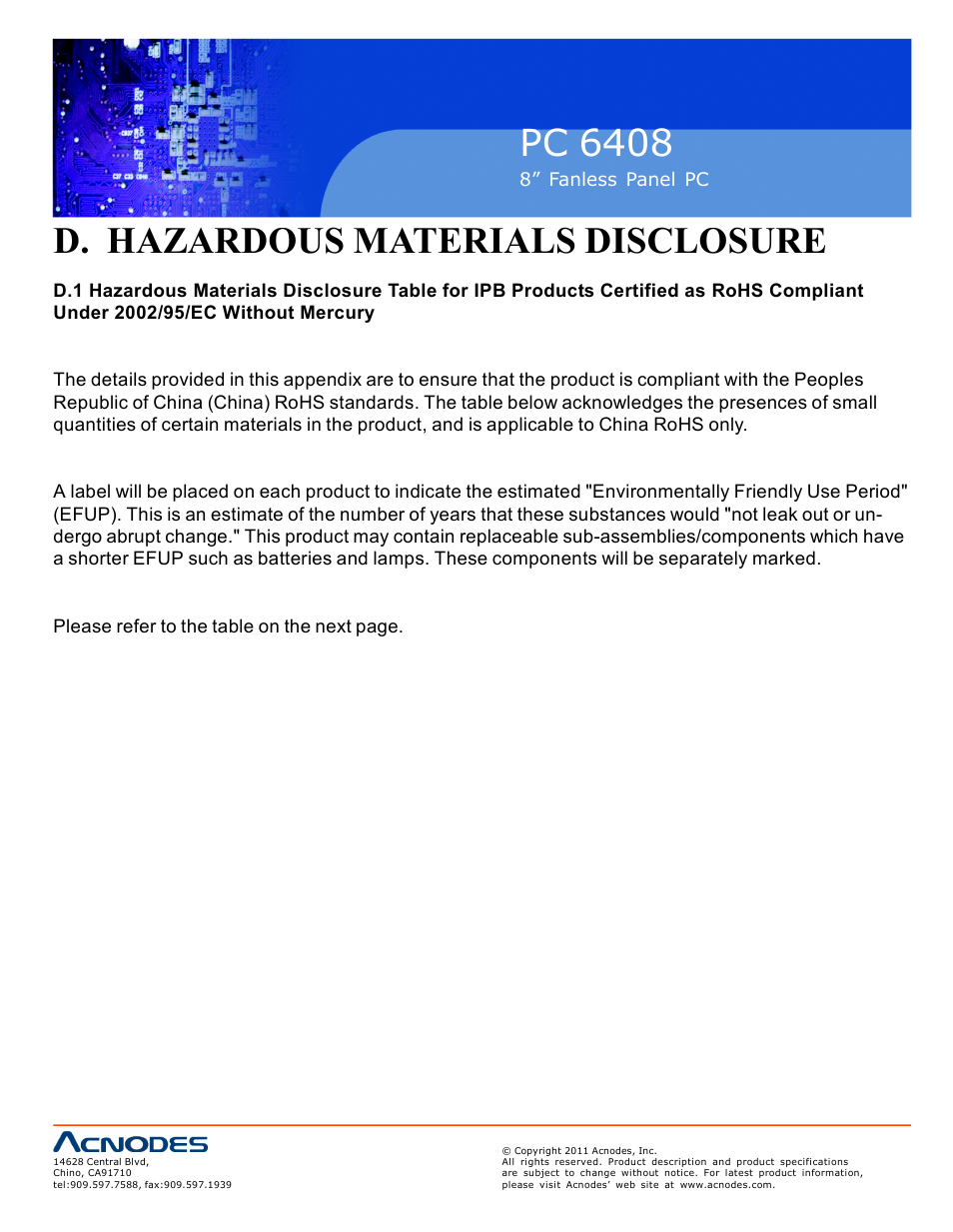 Pc 6408, D. hazardous materials di sclosure | Acnodes PC 6408 User Manual | Page 96 / 98