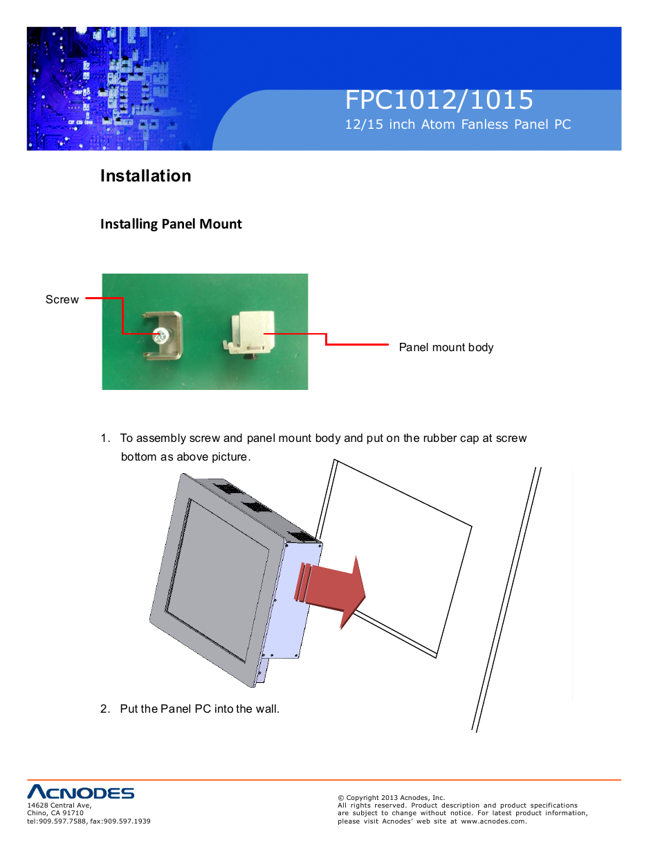 Installation, Installing panel mount | Acnodes FPC 1012 User Manual | Page 6 / 13