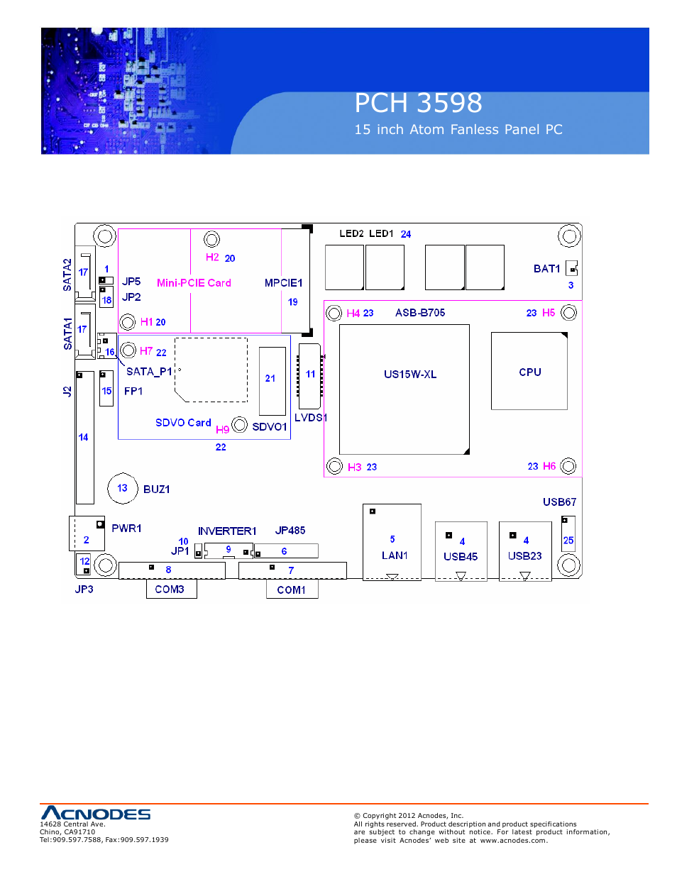 Pch 3598, 2 jumpers and connectors location | Acnodes PCH 3598 User Manual | Page 13 / 82