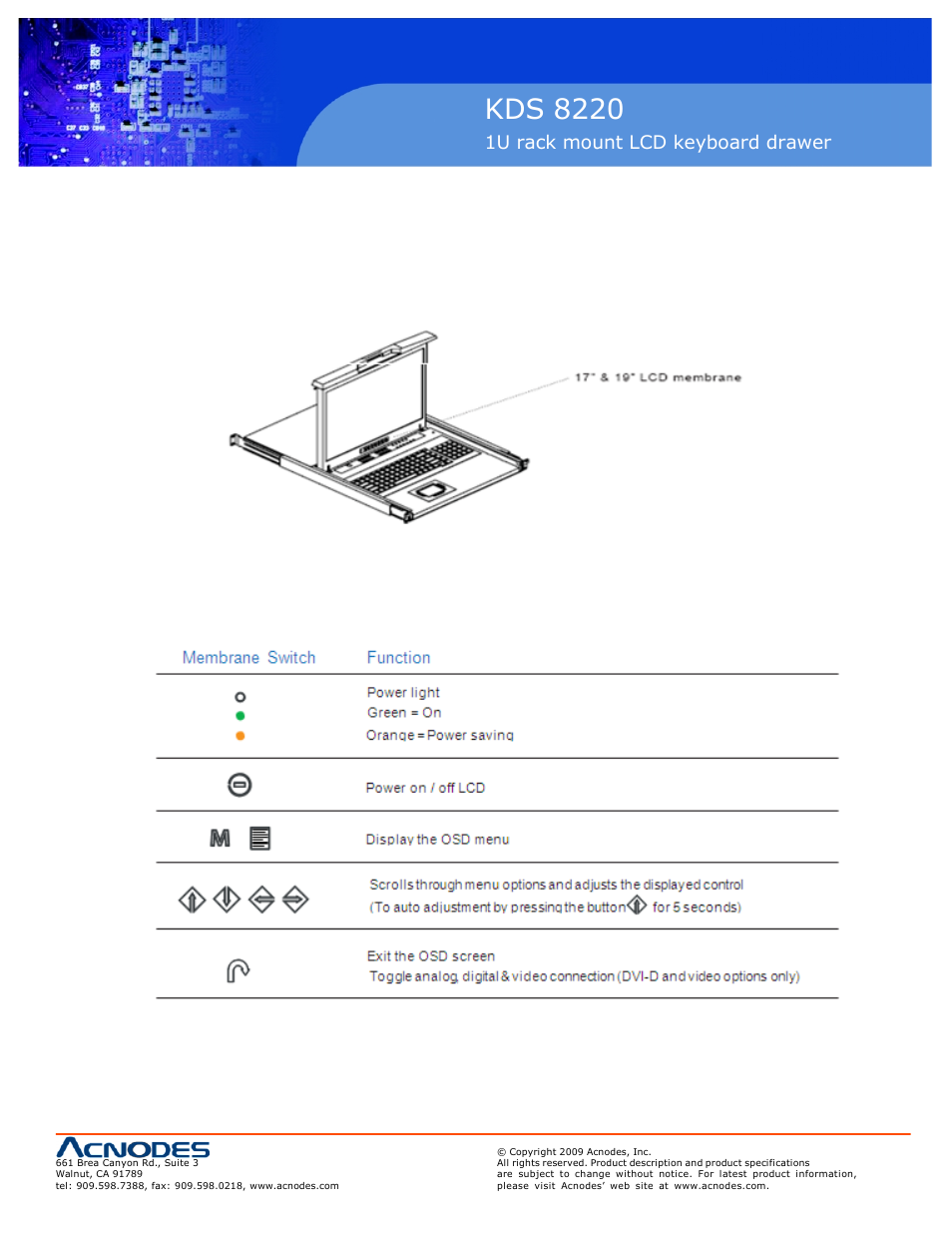 Kds 8220, Chapter 2, 1u rack mount lcd keyboard drawer | 1 on screen display option 11 | Acnodes KDS 8220 User Manual | Page 13 / 18