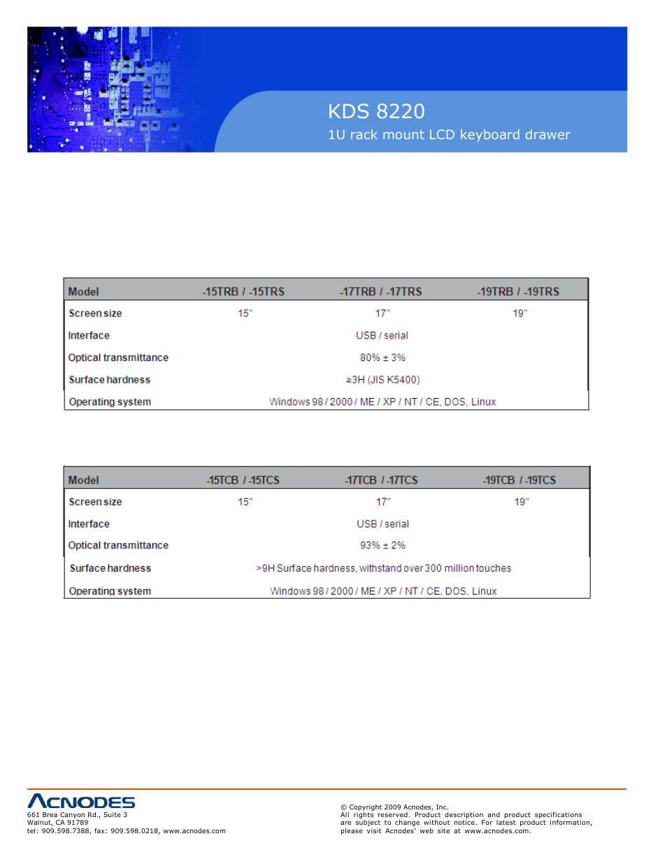 Kds 8220, 1u rack mount lcd keyboard drawer, 6 e-resistive e-captive 16 | Acnodes KDS 8220 User Manual | Page 18 / 18