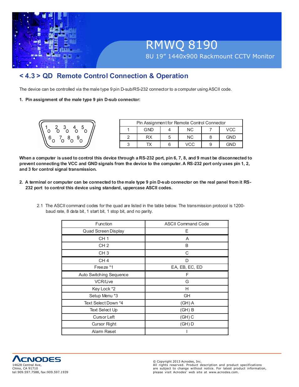 Rmwq 8190, 3 > qd remote control connection & operation | Acnodes RMWQ 8190 User Manual | Page 16 / 24