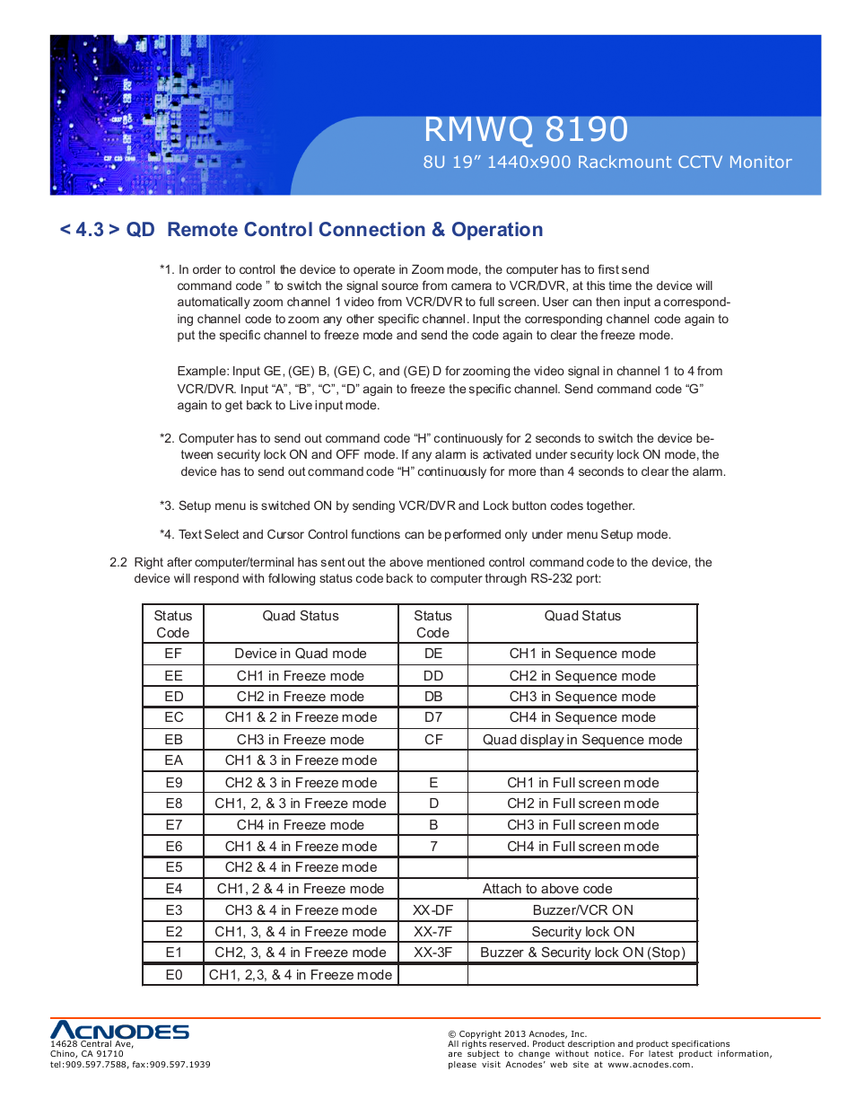 Rmwq 8190, 3 > qd remote control connection & operation | Acnodes RMWQ 8190 User Manual | Page 17 / 24