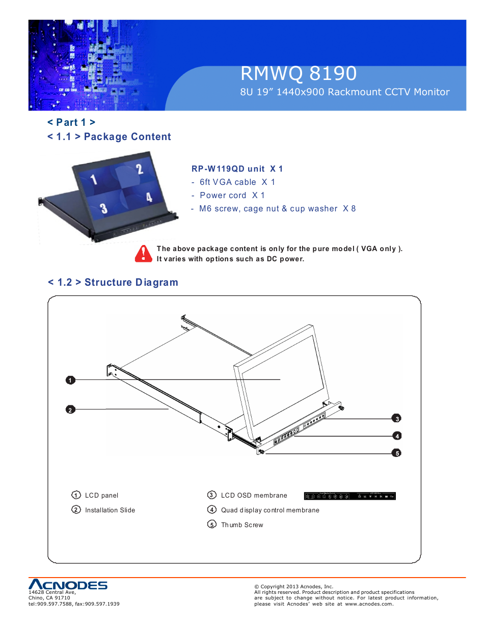 Rmwq 8190, Part 1 > < 1.1 > package content, 2 > structure diagram | Acnodes RMWQ 8190 User Manual | Page 5 / 24