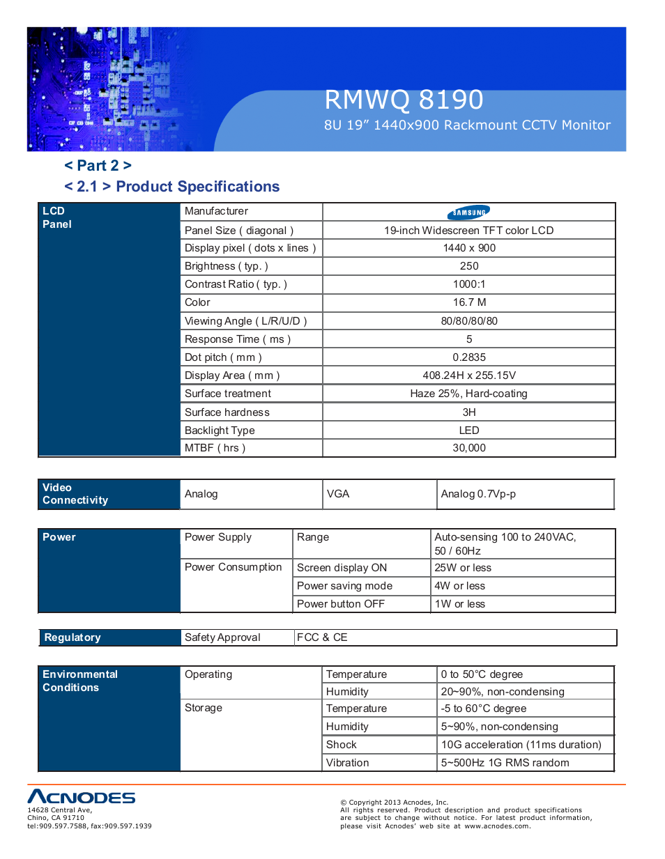 Rmwq 8190, Part 2 > < 2.1 > product specifications | Acnodes RMWQ 8190 User Manual | Page 8 / 24