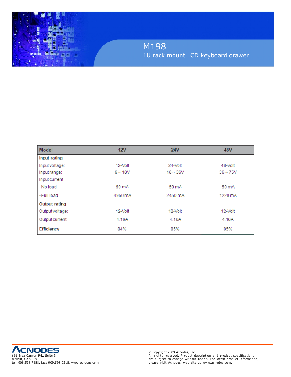 M198, Chapter 3, 1u rack mount lcd keyboard drawer | 1 dc power options 12 | Acnodes M 198 User Manual | Page 14 / 28