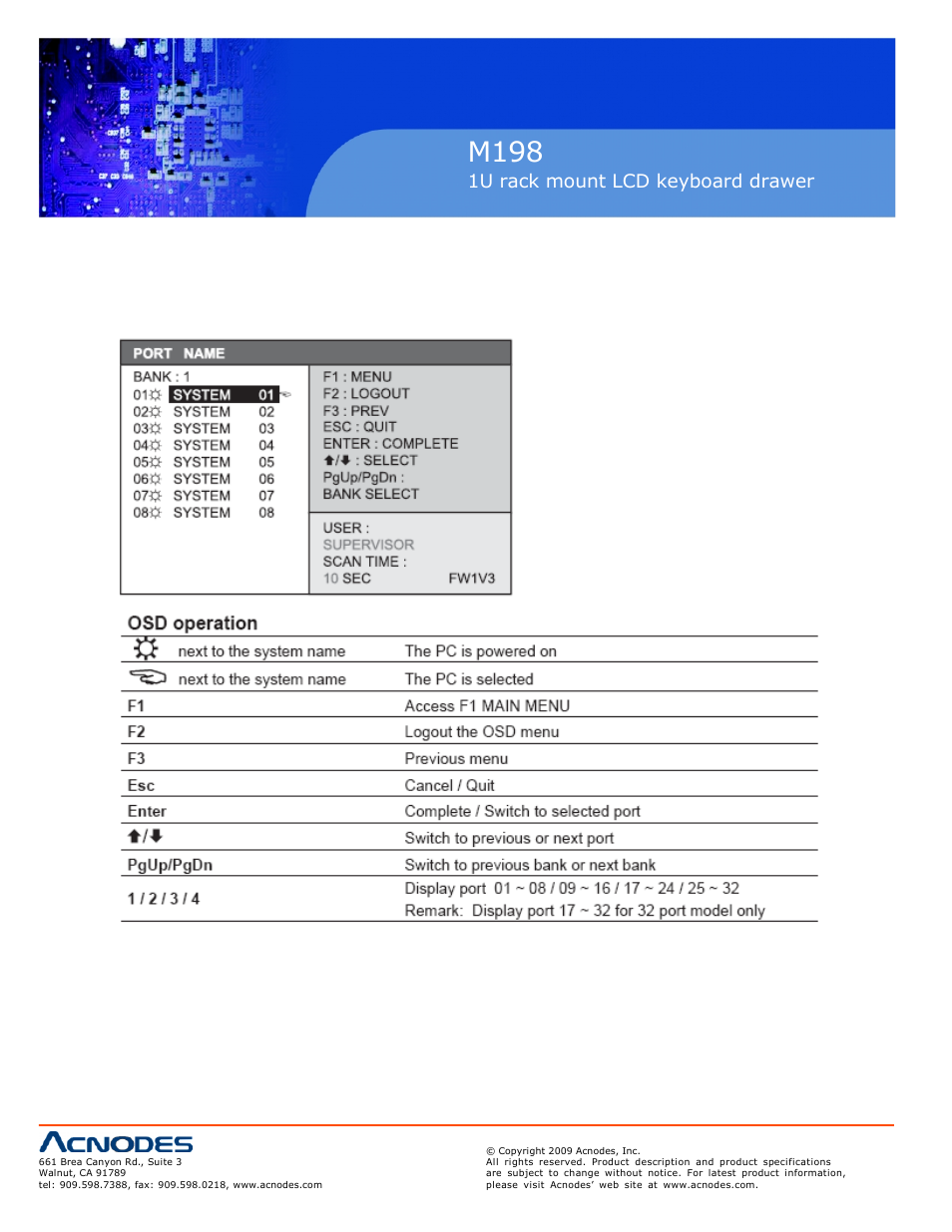 M198, 1u rack mount lcd keyboard drawer, 9 osd menu 22 | Acnodes M 198 User Manual | Page 24 / 28