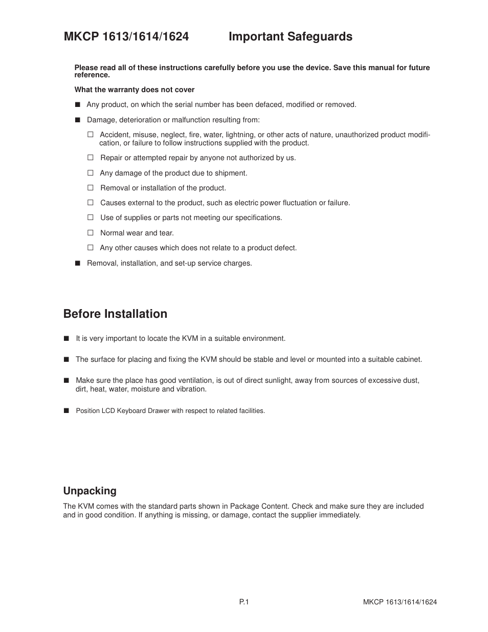 Before installation, Unpacking | Acnodes MKP1602__MKCP 1614 User Manual | Page 4 / 22