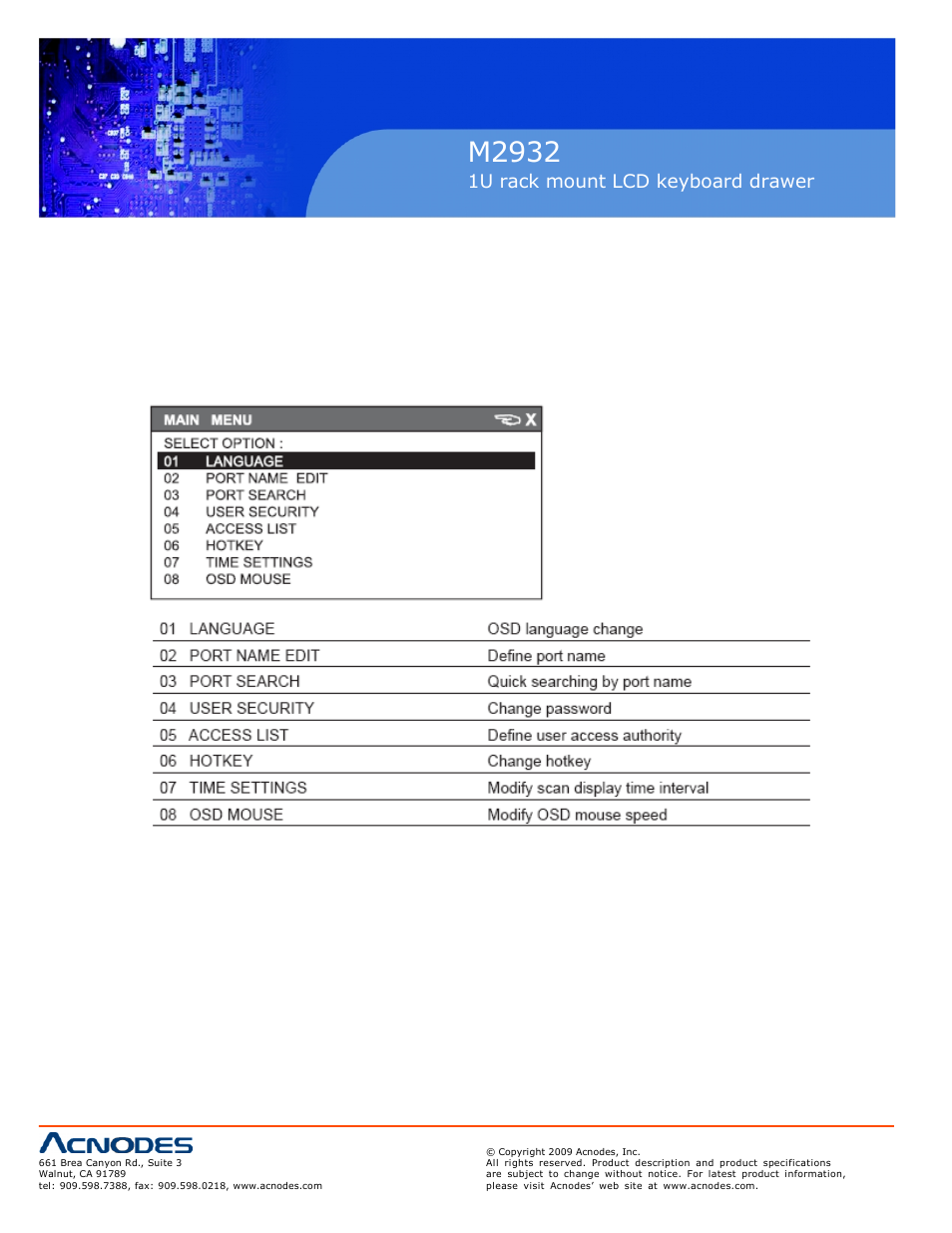 M2932, 1u rack mount lcd keyboard drawer, 10 main menu 22 | Acnodes M 2932 User Manual | Page 24 / 27