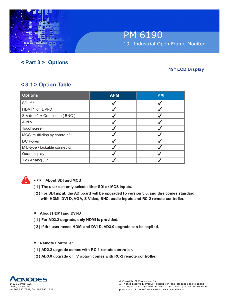Pm 6190, Part 3 > options, 1 > option table | Acnodes PM 6190 User Manual | Page 12 / 23