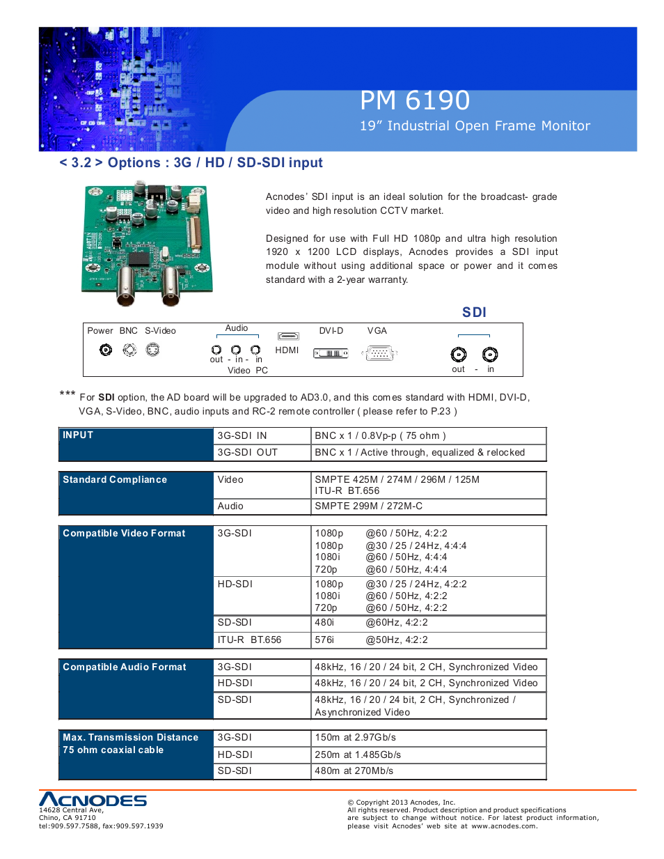 Pm 6190, 2 > options : 3g / hd / sd-sdi input, S di | 19” industrial o pen frame monit or | Acnodes PM 6190 User Manual | Page 13 / 23