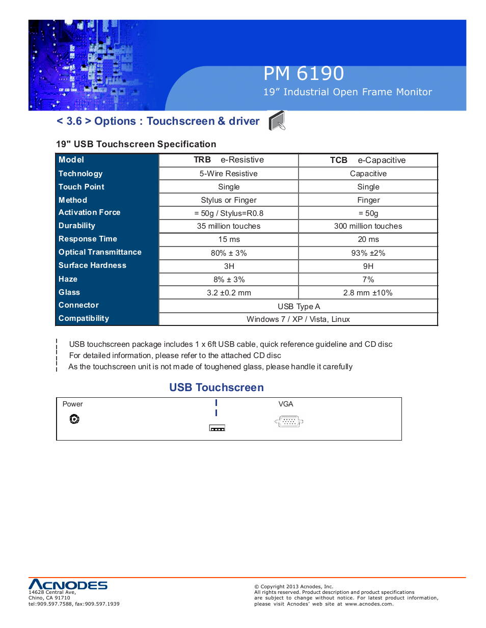 Pm 6190, 6 > options : touchscreen & driver, Usb touchscreen | Acnodes PM 6190 User Manual | Page 17 / 23
