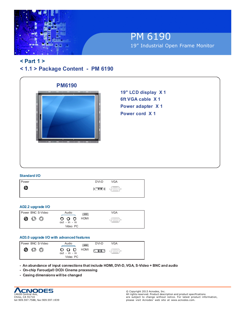 Pm 6190, 19” industrial o pen frame monit or | Acnodes PM 6190 User Manual | Page 5 / 23