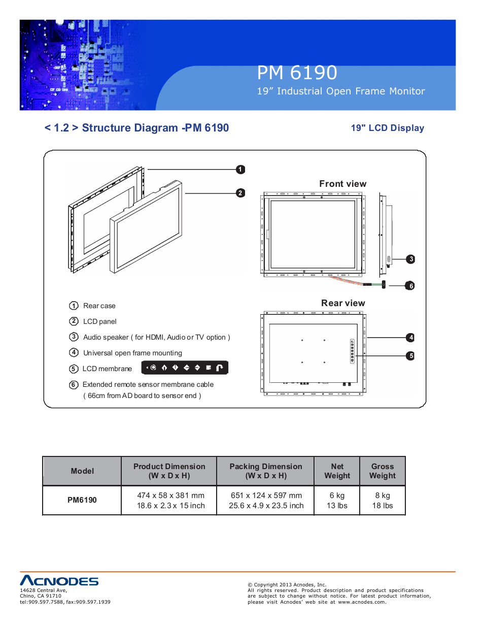 Pm 6190, Op-19, 19” industrial o pen frame monit or | 19" lcd displa y, Fro nt view, Re ar view | Acnodes PM 6190 User Manual | Page 6 / 23