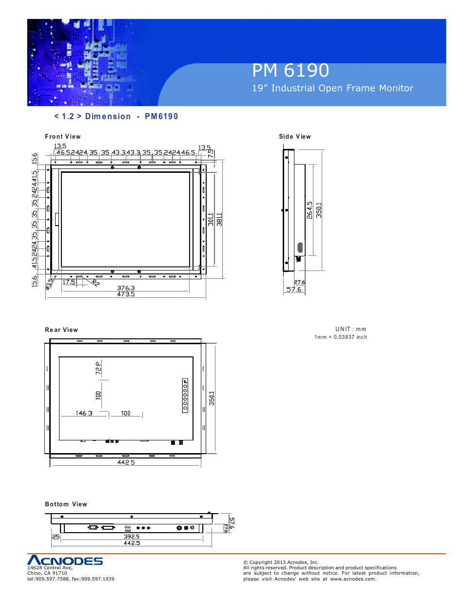 Pm 6190, Op-19, 19” industrial o pen frame monit or | Acnodes PM 6190 User Manual | Page 7 / 23