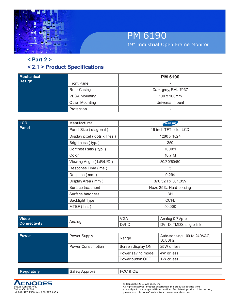 Pm 6190, Part 2 > < 2.1 > product specifications | Acnodes PM 6190 User Manual | Page 9 / 23