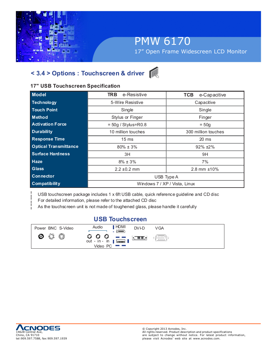 Pmw 6170, 4 > options : touchscreen & driver, Usb touchscreen | Acnodes PMW 6170 User Manual | Page 17 / 21