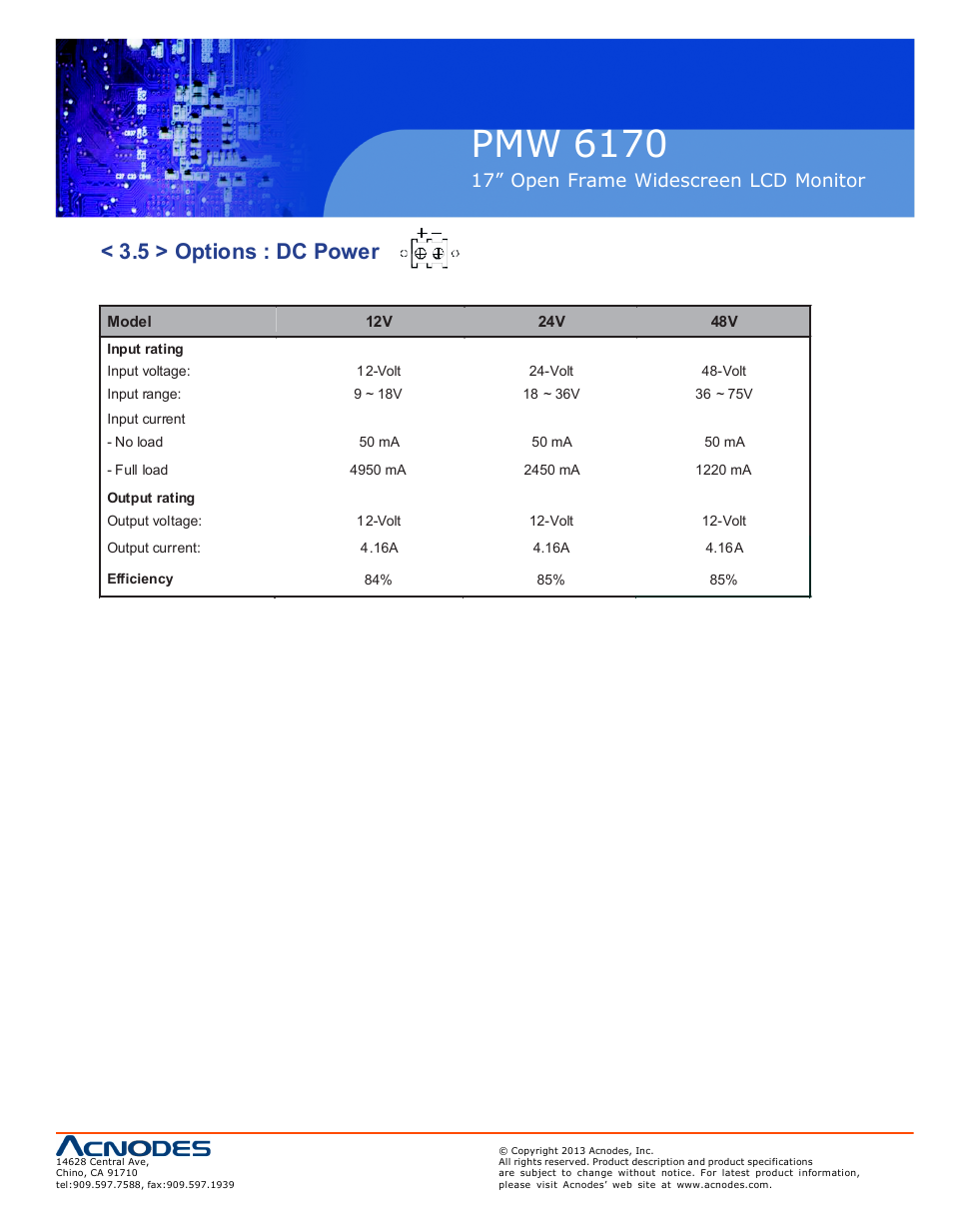 Pmw 6170, 5 > options : dc power, 17” open frame widescreen lcd monitor | Acnodes PMW 6170 User Manual | Page 19 / 21