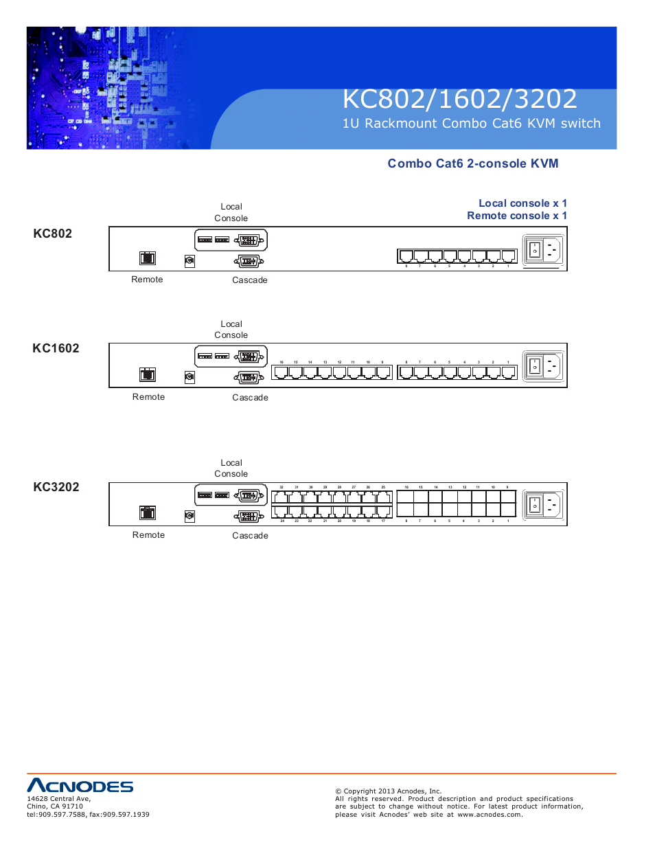 Kc1602, Kc3202, Local console x 1 remote console x 1 | Local console, Remote cascade, Remote, Cascade | Acnodes KC 802 User Manual | Page 6 / 16