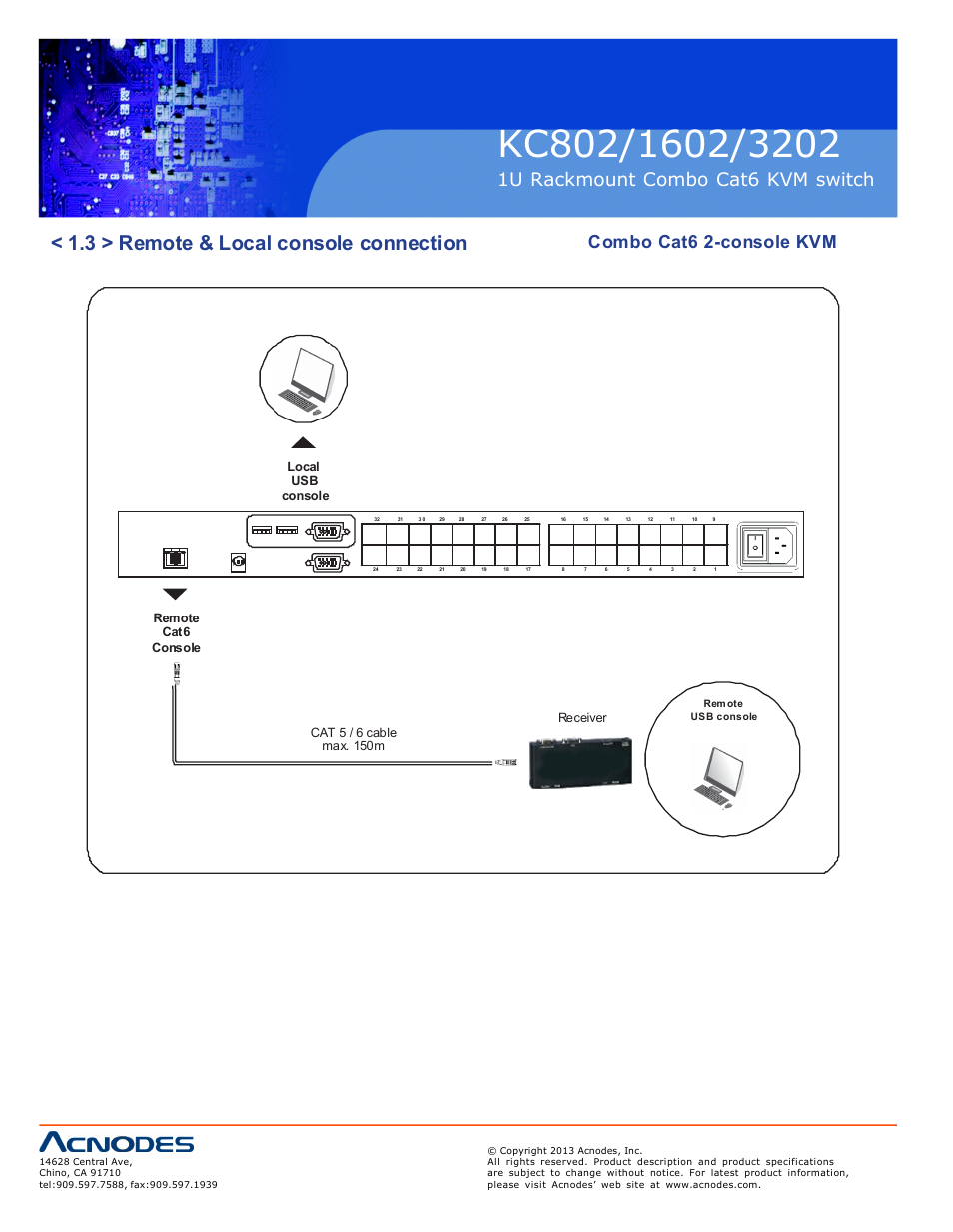 3 > remote & local console connection, 1u rackmount c ombo cat6 kvm switch, Combo cat6 2-console kvm | Local usb console | Acnodes KC 802 User Manual | Page 8 / 16