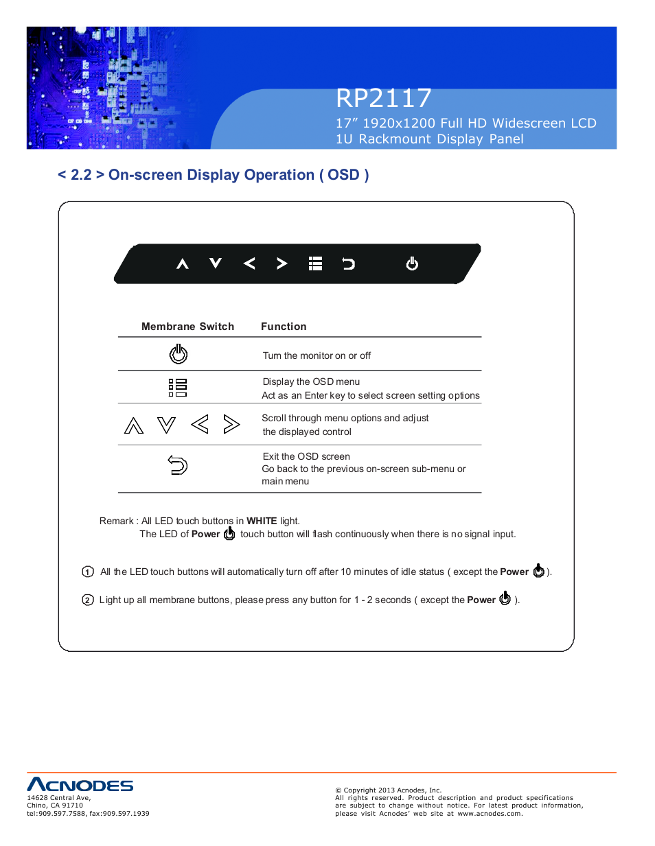 Rp2117, 2 > on-screen display operation ( osd ) | Acnodes RP 2117 User Manual | Page 10 / 18