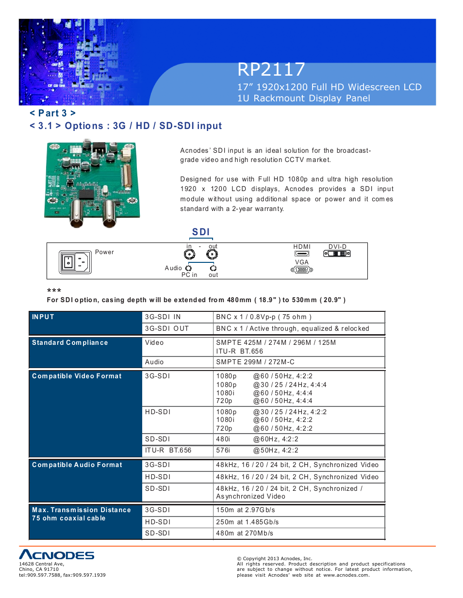 Rp2117, Part 3 > < 3.1 > options : 3g / hd / sd-sdi input | Acnodes RP 2117 User Manual | Page 14 / 18
