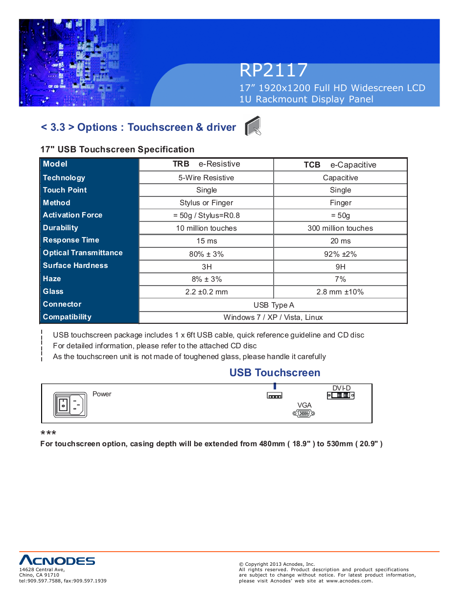 Rp2117, 3 > options : touchscreen & driver, Usb touchscreen | Acnodes RP 2117 User Manual | Page 16 / 18