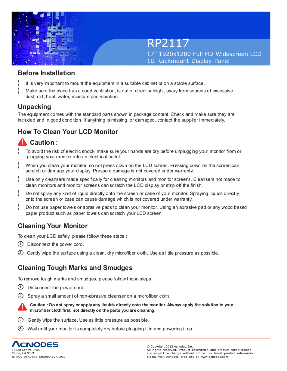 Rp2117, Before installation, Unpacking | How to clean your lcd monitor caution, Cleaning your monitor, Cleaning tough marks and smudges | Acnodes RP 2117 User Manual | Page 4 / 18