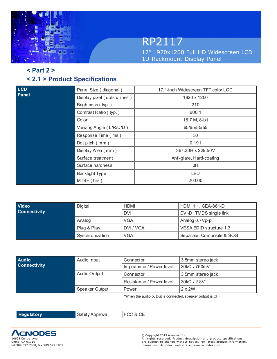 Rp2117, Part 2 > < 2.1 > product specifications | Acnodes RP 2117 User Manual | Page 8 / 18