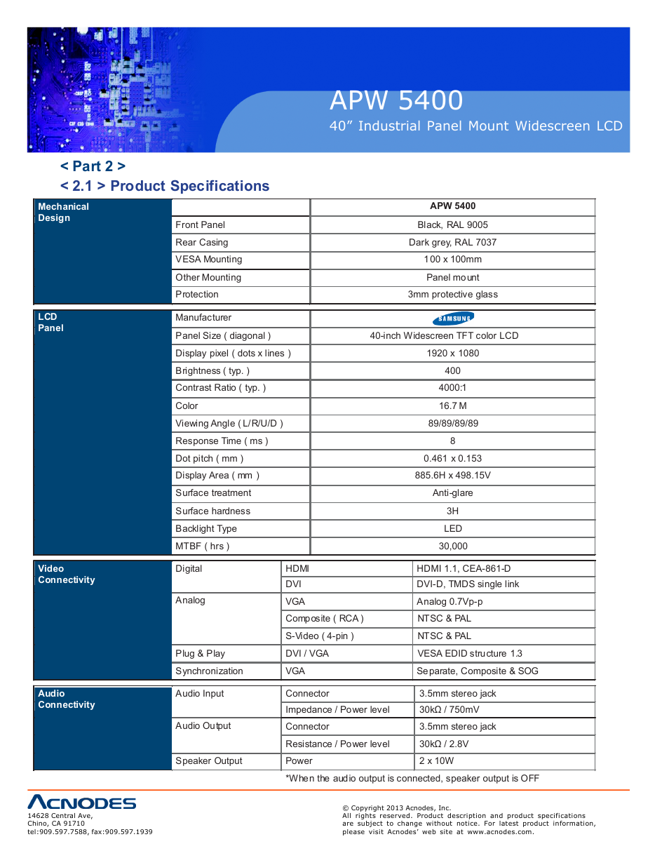 Apw 5400, Part 2 > < 2.1 > product specifications, 40” industrial panel mount widescreen lcd | Acnodes APW 5400 User Manual | Page 10 / 19