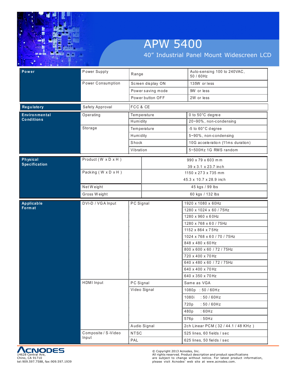 Apw 5400, 40” industrial panel mount widescreen lcd | Acnodes APW 5400 User Manual | Page 11 / 19