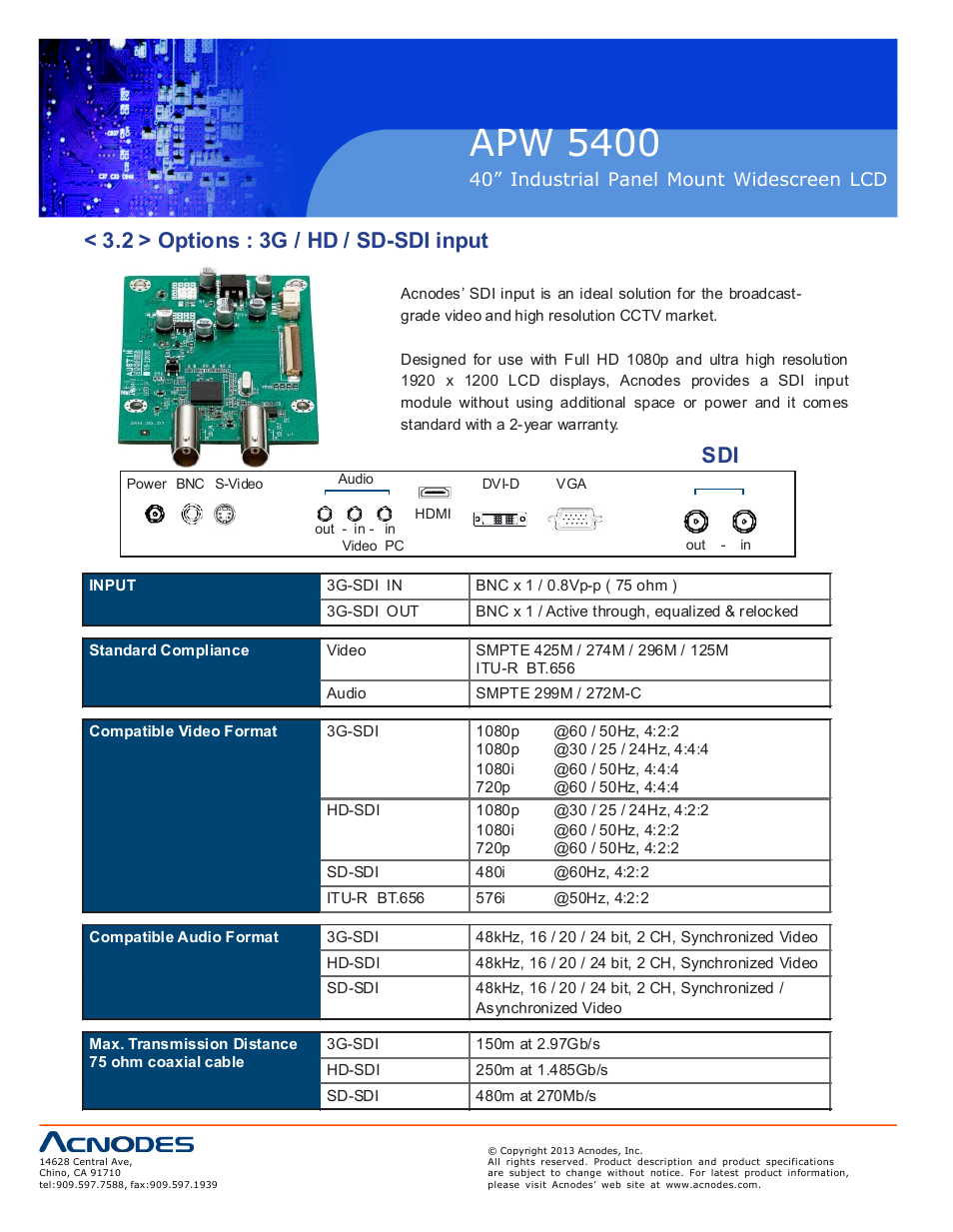 Apw 5400, 2 > options : 3g / hd / sd-sdi input | Acnodes APW 5400 User Manual | Page 16 / 19