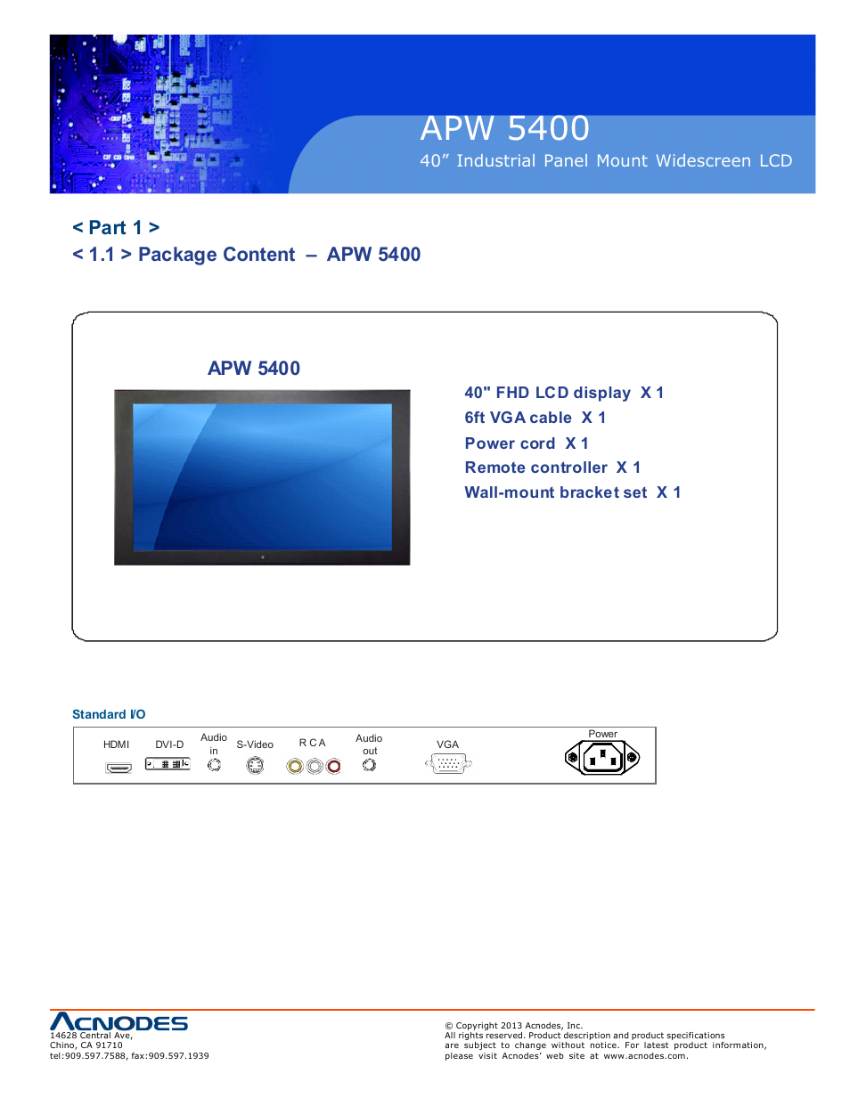 Apw 5400, 40” industrial panel mount widescreen lcd | Acnodes APW 5400 User Manual | Page 5 / 19