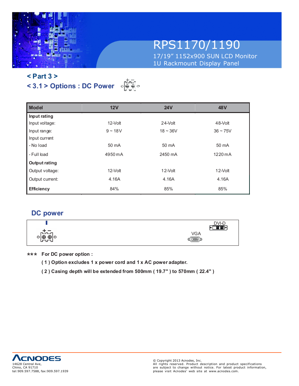 Part 3 > < 3.1 > options : dc power, Dc power | Acnodes RPS 1190 User Manual | Page 12 / 12