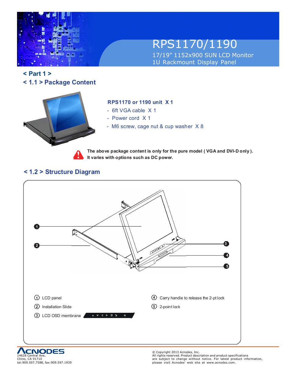 Part 1 > < 1.1 > package content, 2 > structure diagram | Acnodes RPS 1190 User Manual | Page 5 / 12