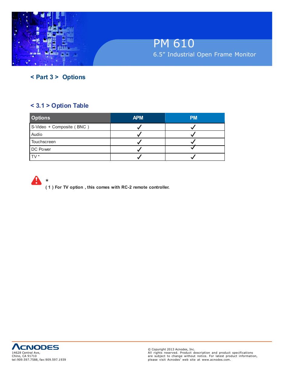 Pm 610, Part 3 > options < 3.1 > option table | Acnodes PM 610 User Manual | Page 12 / 18