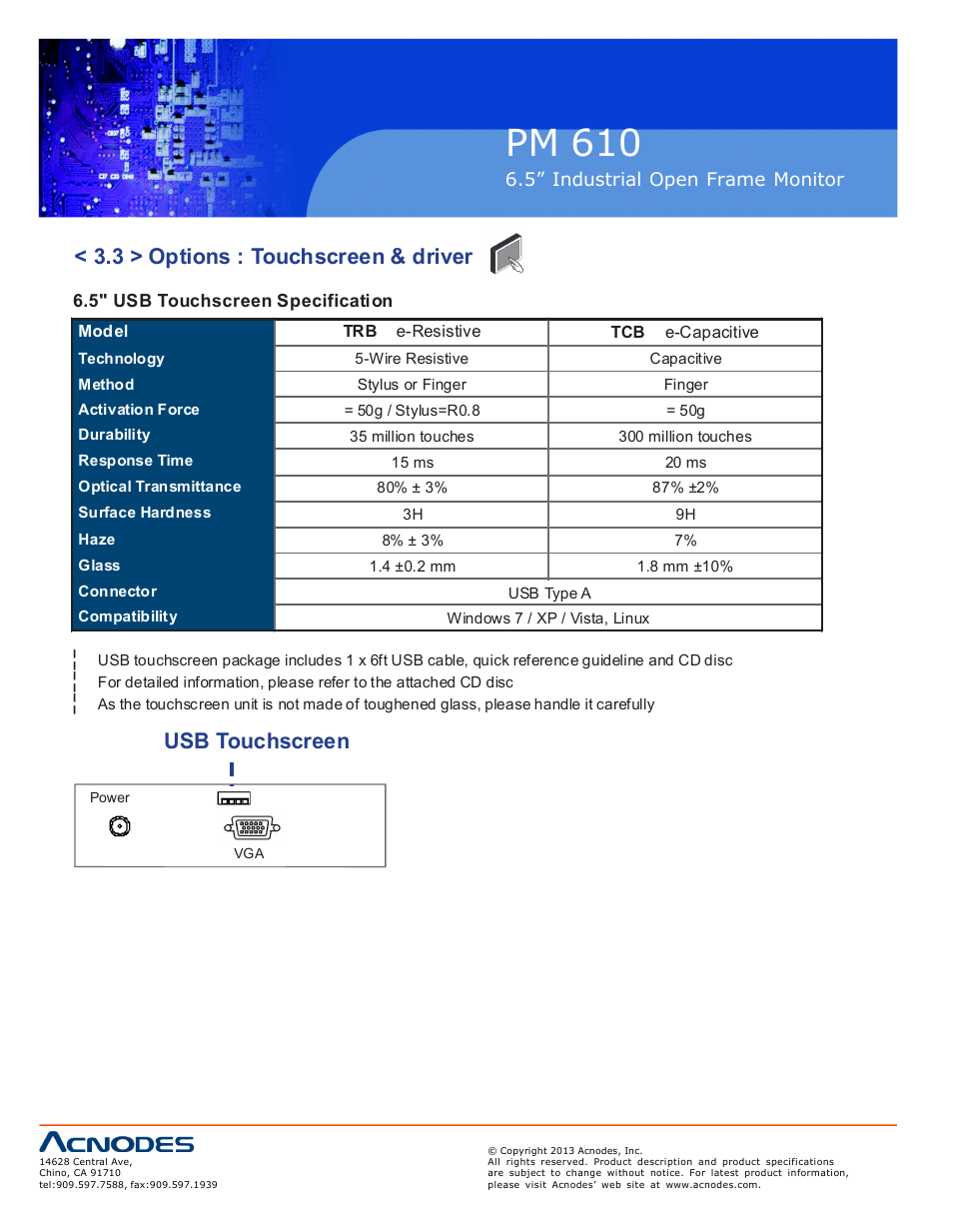 Pm 610, 3 > options : touchscreen & driver, Usb touchscreen | Acnodes PM 610 User Manual | Page 14 / 18