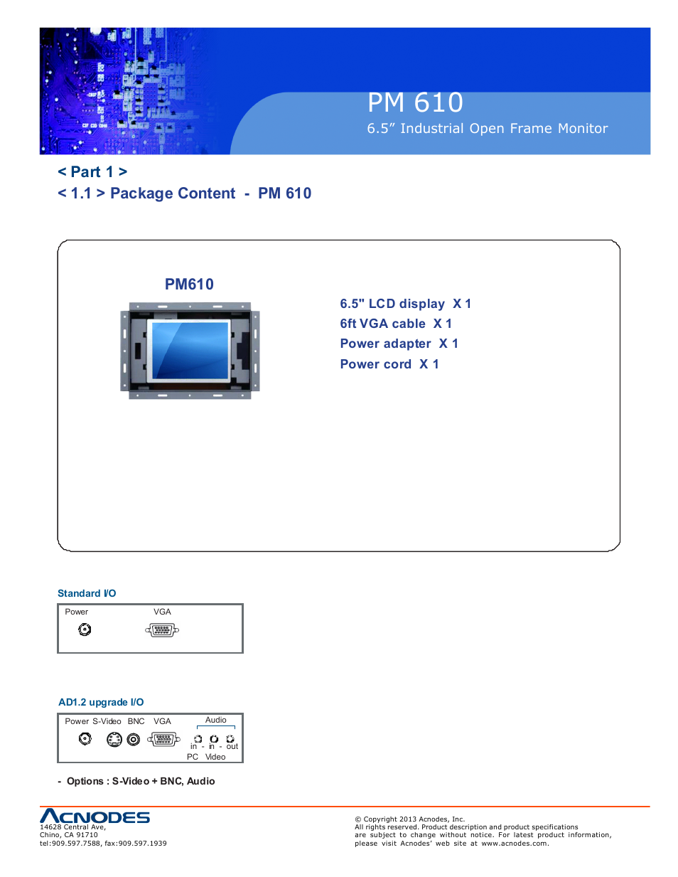 Pm 610, 5” industrial o pen frame moni tor | Acnodes PM 610 User Manual | Page 5 / 18