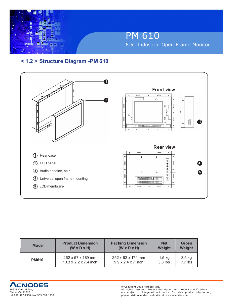 Pm 610, 2 > structure diagram -pm 610, Op-6 | 5” industrial o pen frame moni tor, Front view, Rear view | Acnodes PM 610 User Manual | Page 6 / 18