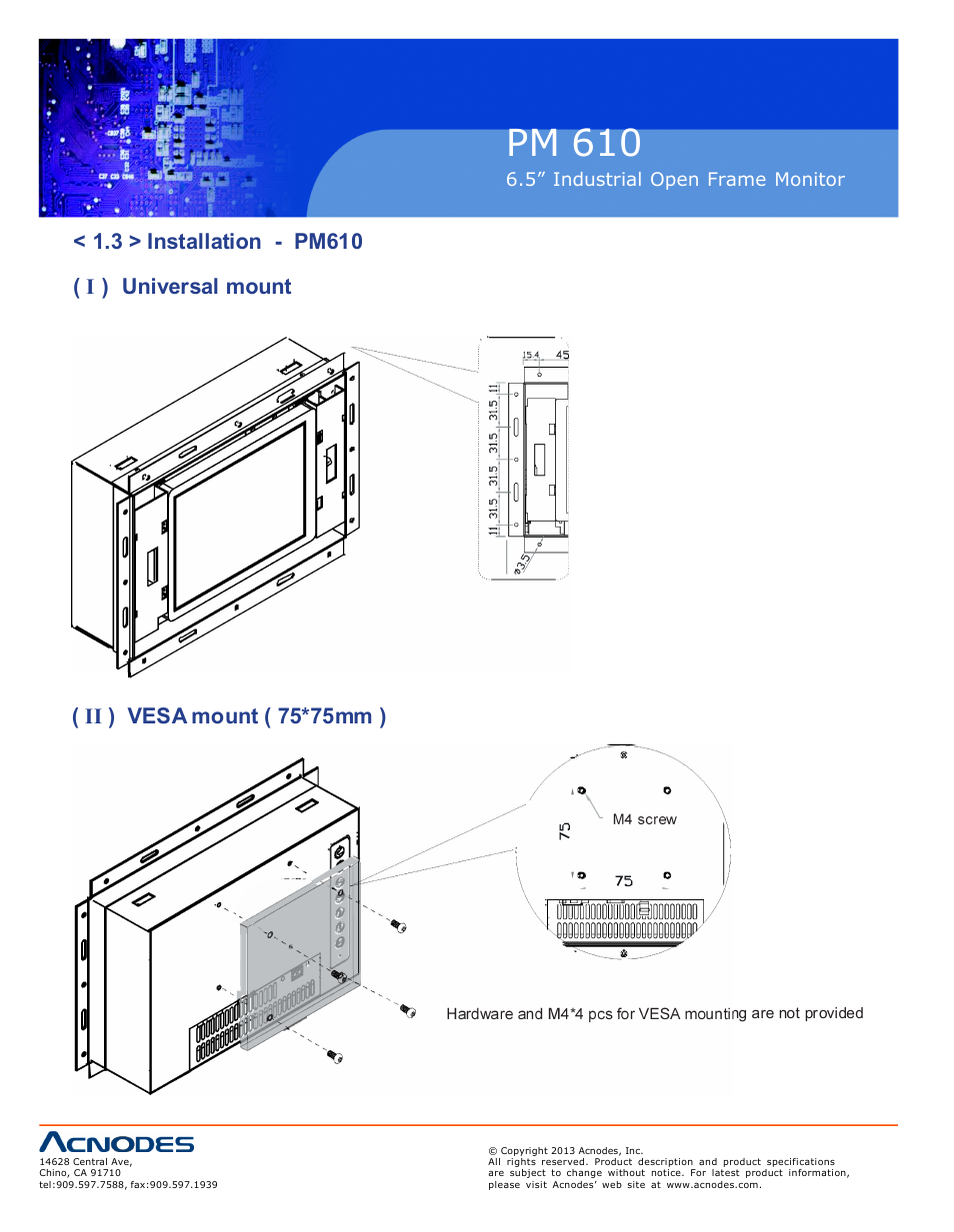 Pm 610, 5” industrial o pen frame moni tor | Acnodes PM 610 User Manual | Page 8 / 18