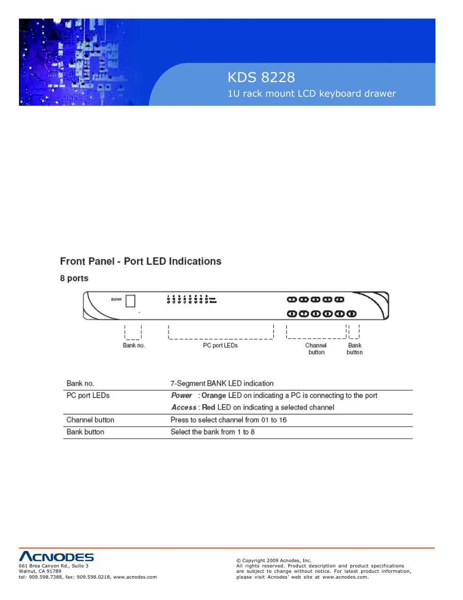 Kds 8228, 1u rack mount lcd keyboard drawer, 3 front led & indicators 16 | Acnodes KDS 8228 User Manual | Page 18 / 25