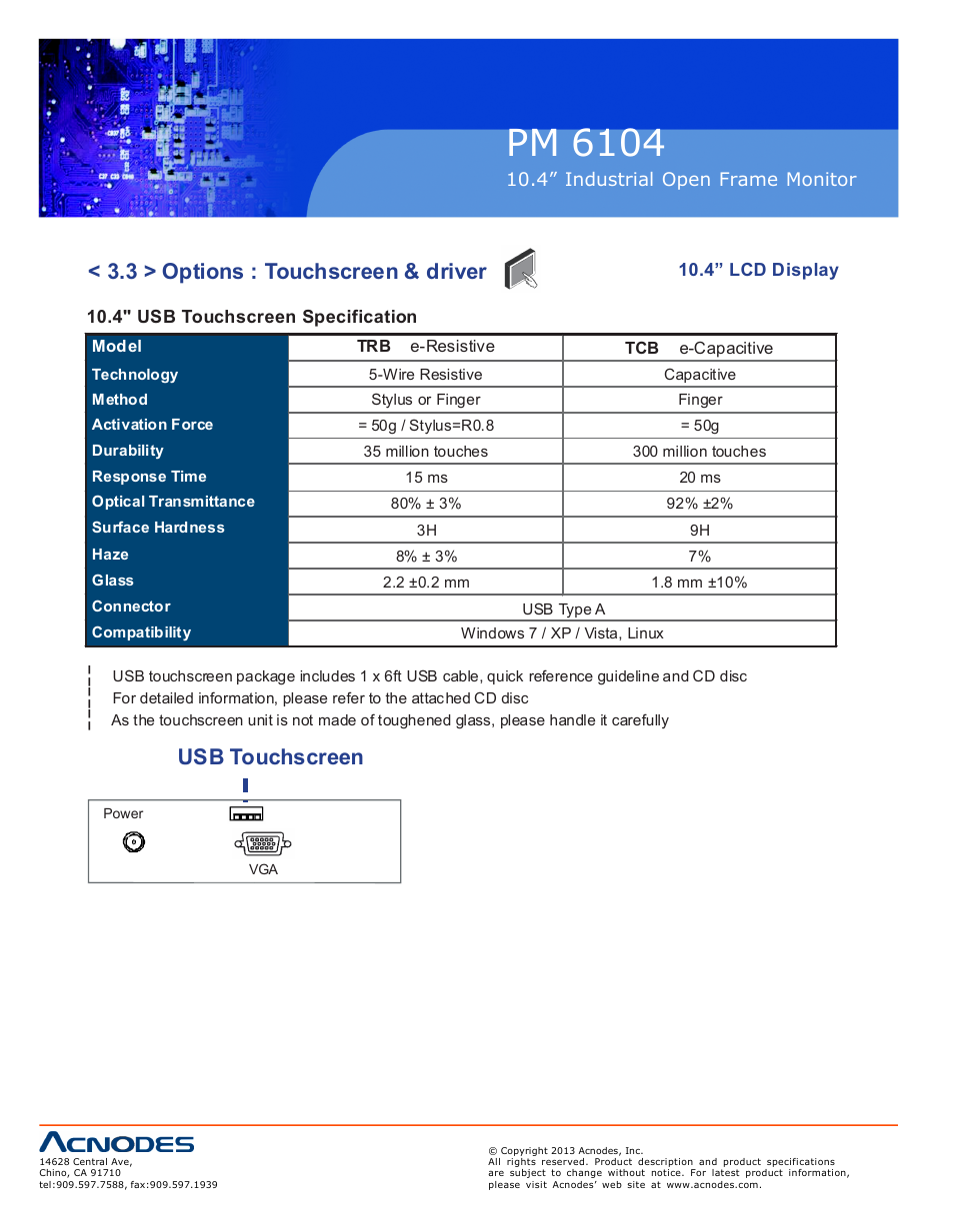 Pm 6104, 3 > options : touchscreen & driver, Usb touchscreen | Acnodes PM 6104 User Manual | Page 14 / 18