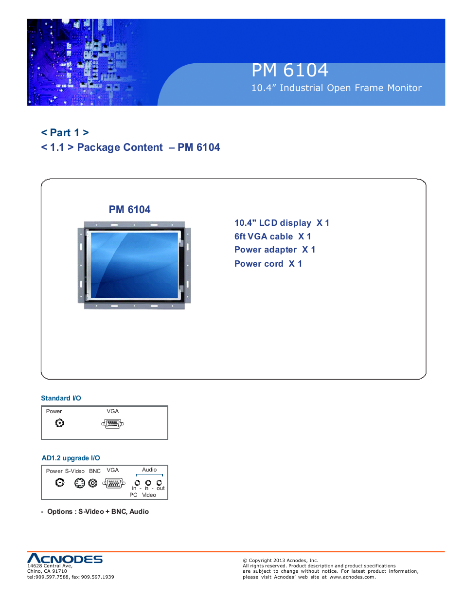 Pm 6104, 4” industrial open frame moni tor | Acnodes PM 6104 User Manual | Page 5 / 18