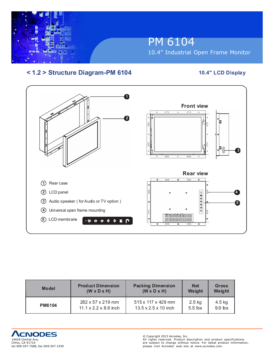 Pm 6104, Op-10, 4” industrial open frame moni tor | 4" lcd displ ay, Fron t view, Rea r view | Acnodes PM 6104 User Manual | Page 6 / 18