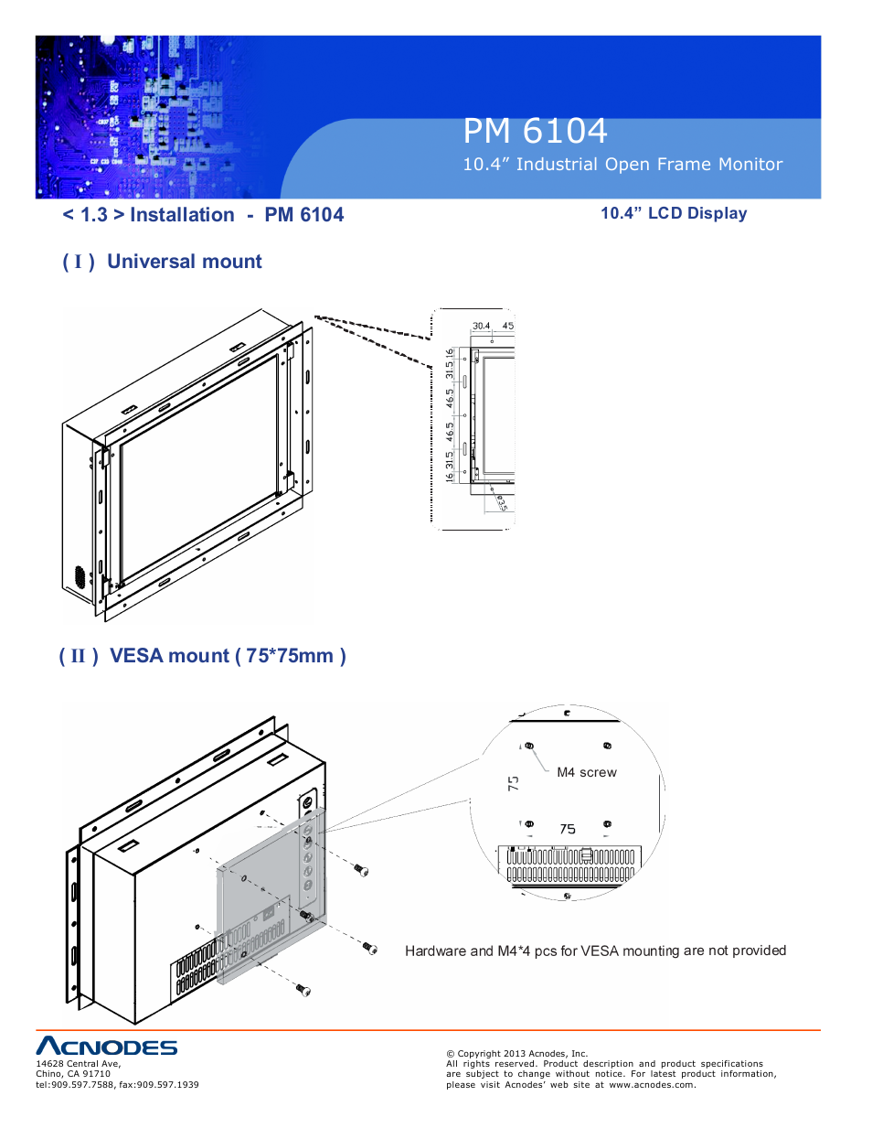 Pm 6104, I ) universal mount ( ii ) vesa mount ( 75*75mm ) | Acnodes PM 6104 User Manual | Page 8 / 18
