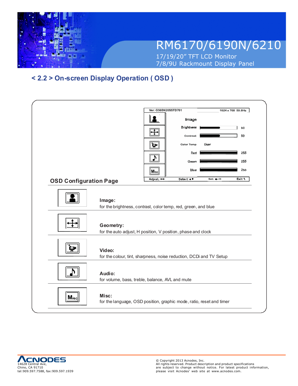 2 > on-screen display operation ( osd ), Osd configuration page | Acnodes RM 6210 User Manual | Page 15 / 22