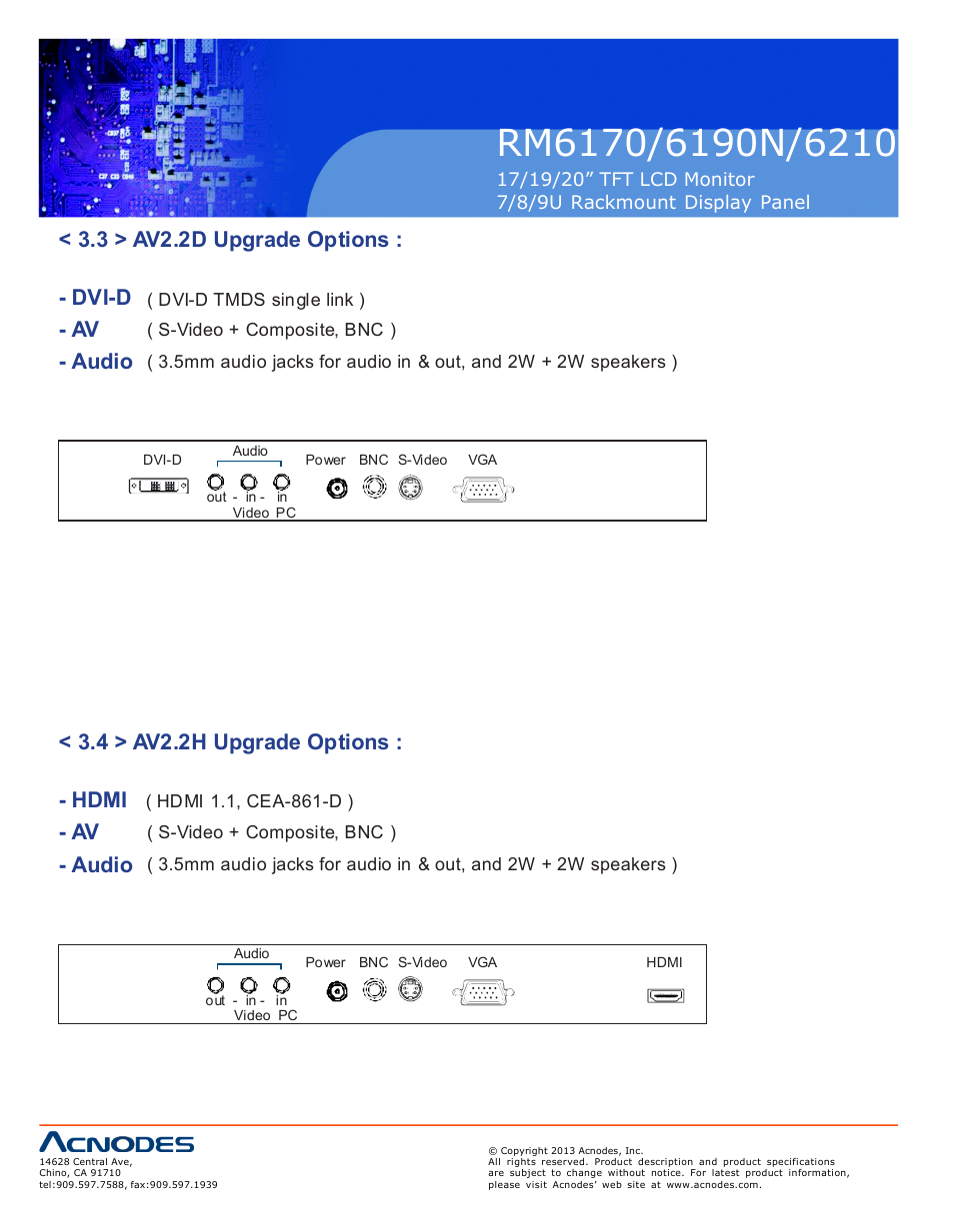 3 > av2.2d upgrade options : - dvi-d - av - audio, 4 > av2.2h upgrade options : - hdmi, Av - audio | Acnodes RM 6210 User Manual | Page 18 / 22