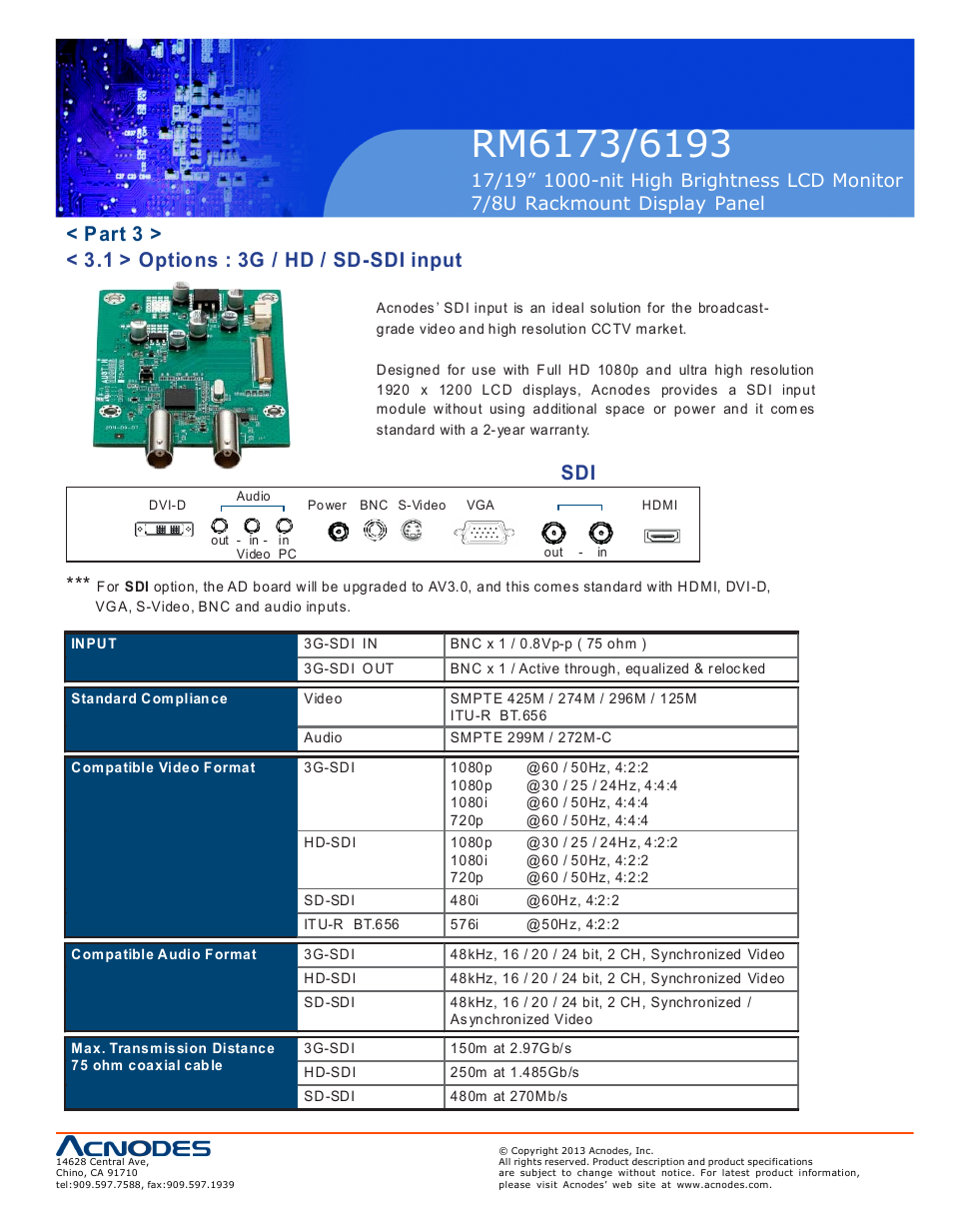 Part 3 > < 3.1 > options : 3g / hd / sd-sdi input | Acnodes RM 6193 User Manual | Page 13 / 19