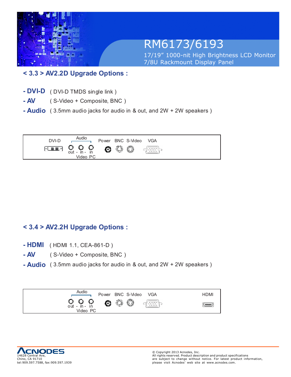 3 > av2.2d upgrade options : - dvi-d - av - audio, 4 > av2.2h upgrade options : - hdmi, Av - audio | Acnodes RM 6193 User Manual | Page 15 / 19