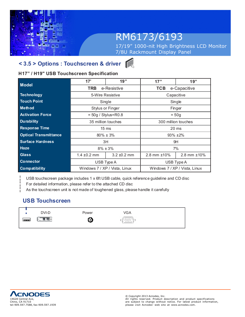 5 > options : touchscreen & driver, Usb touchscreen | Acnodes RM 6193 User Manual | Page 16 / 19